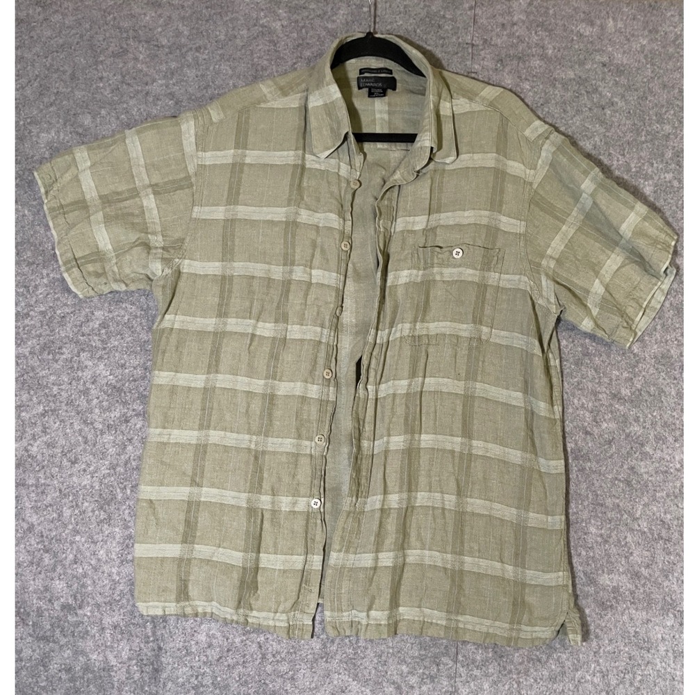 Marc Edwards Mens XL Short Sleeve Linen Blend Plaid Button Down Shirt Olive